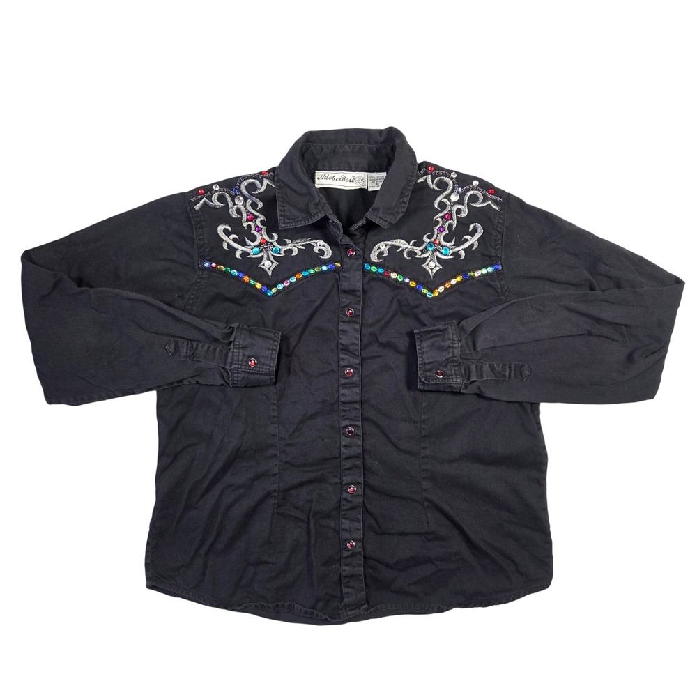 Adobe Rose Womens Western Shirt Rhinestone Embroidery Snap Front M‎ Cowgirl